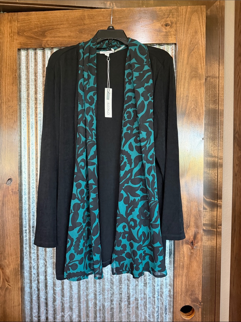 Chico's Black Cardigan with Teal Floral Trim Scarf Chicos Sz 3